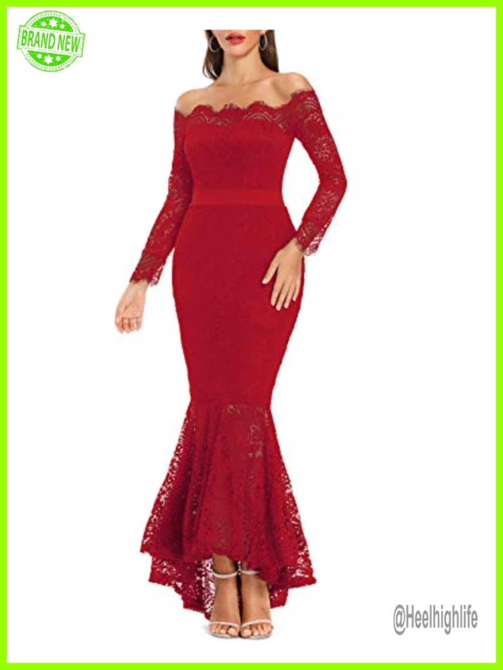 LALAGEN Women's Floral Lace Off Shoulder Long Sleeve Mermaid Wedding Maxi Dress